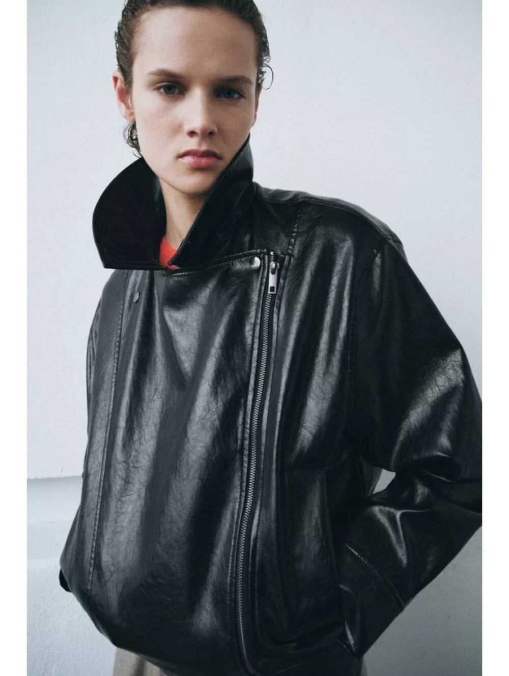 Zara Black Faux Leather Biker Jacket - Classic Zip Front